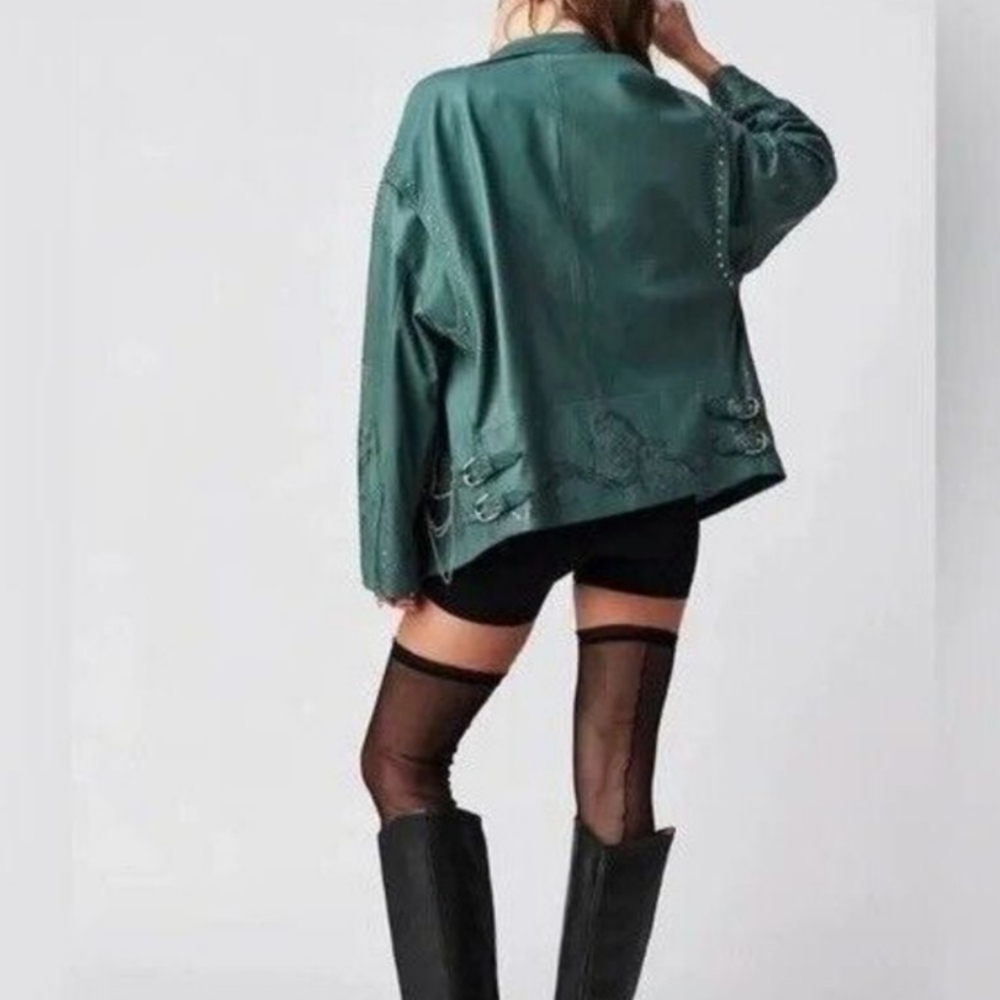 Free People x Nigel Preston Chain Embellished Biker Jacket Aqua - Picture 5 of 17